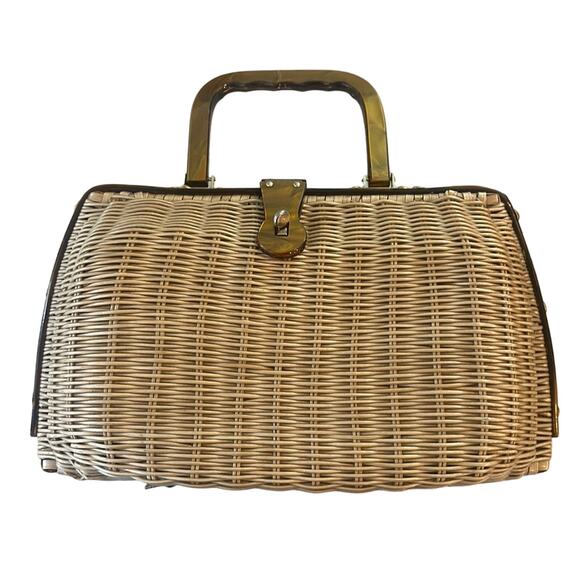 VINTAGE 1950's Woven Wicker & Bakelite Purse Handbag w/Lucite Handles - Picture 1 of 9
